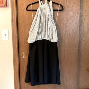 Black and white a-line strapless dress.